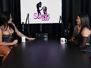 Naughty brunette strips showing off her body and gets intimate in swing session.