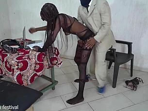 African secretary stripped in the office for her boss, showing off her skinny ebony body.