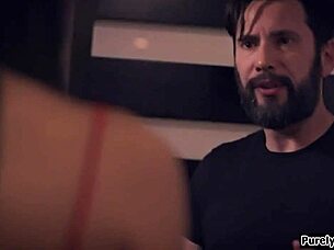 Big tits brunette gives deepthroat blowjob to old escort