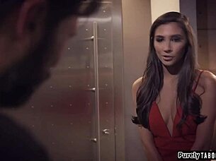 Big tits brunette gives deepthroat blowjob to old escort