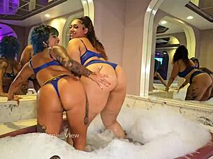 big booty latinas dive into bbc jacuzzi for squirting interracial 3some action.