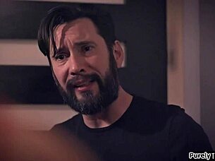 Big tits brunette gives deepthroat blowjob to old escort