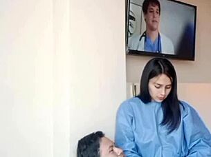 peruvian beauty in uniform enters consultorio for intense oral session with young client