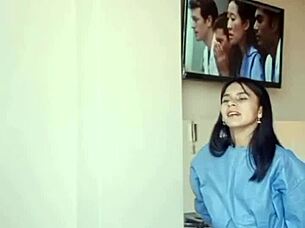 peruvian beauty in uniform enters consultorio for intense oral session with young client