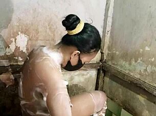 mandi sambil colmek di kamar mandi with natural tits and hairy pussy