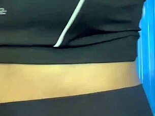 After workout hottie in crowded bathroom enjoys muff diving and cunilingus leading to orgasm and creampie.