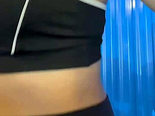 After workout hottie in crowded bathroom enjoys muff diving and cunilingus leading to orgasm and creampie.