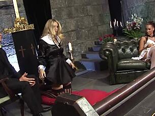 Whoa, check out this super hot blonde and brunette sparking a wild orgy in the church with deep blowjobs and more 🔥