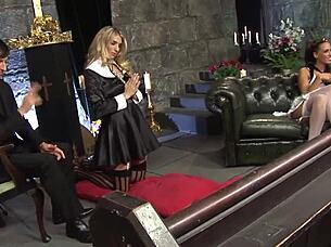 Whoa, check out this super hot blonde and brunette sparking a wild orgy in the church with deep blowjobs and more 🔥