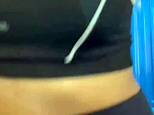 After workout hottie in crowded bathroom enjoys muff diving and cunilingus leading to orgasm and creampie.