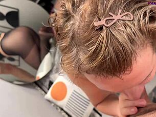 Hey, what do you think of this pov with horny mature Stella in black pantyhose on her knees sucking cock?