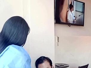 peruvian beauty in uniform enters consultorio for intense oral session with young client