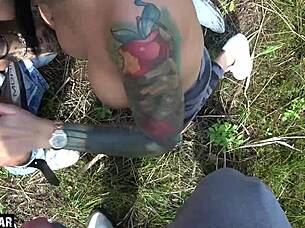 This outdoor MMF threesome features Snowwhite 24 from Hamburg sharing cum with two guys. They fuck her submissive body in public hardcore action.