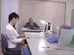 Japanese petite secretary with small tits and hairy pussy seduces for uncensored creampie fuck in office