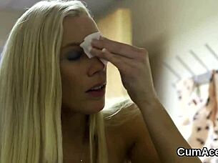 i watch as peculiar peach gets a massive cumshot on her face, sucking every drop eagerly