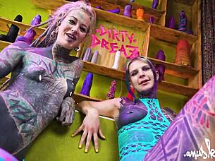 tattooed goth lesbians dive into deep anal toy play with gapes and real orgasms