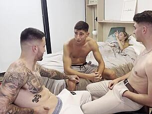 Ever tried a gangbang where three guys double penetrate a helpless blonde's ass and vagina? Watch her swallow cum from monster cocks in rough interracial action!