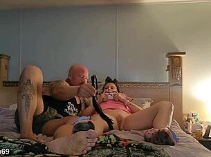 muscular milf with blue eyes licks cock in bedroom before homemade fucking and orgasm.