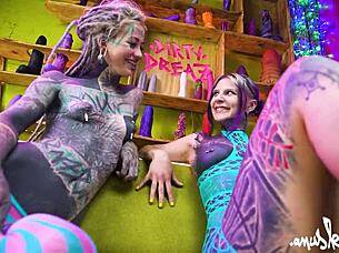 tattooed goth lesbians dive into deep anal toy play with gapes and real orgasms