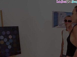 Femdoms dildo fucking their submissive boyfriend in ffm threeway with heels and lingerie 😈