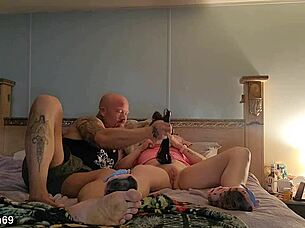 muscular milf with blue eyes licks cock in bedroom before homemade fucking and orgasm.