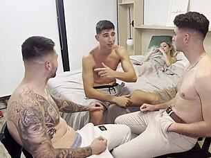 Ever tried a gangbang where three guys double penetrate a helpless blonde's ass and vagina? Watch her swallow cum from monster cocks in rough interracial action!