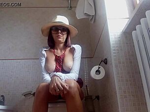 Brunette Amateur Farts Topless on Toilet Hidden Cam