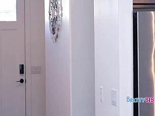 Petite teen with shaved pussy licks cock first in intense young POV threesome action