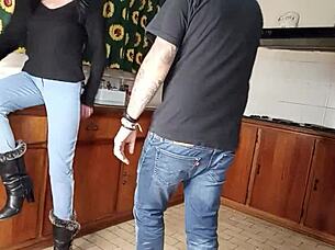 I love this quickie kitchen fuck standing sex with wet bent over shaved pussy.