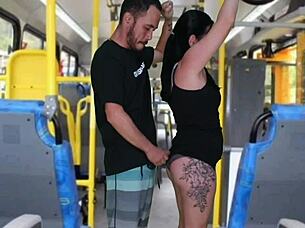 Old perv gropes and masturbates until cumming on brunette in bus