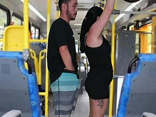 Old perv gropes and masturbates until cumming on brunette in bus