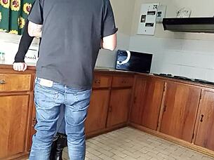 I love this quickie kitchen fuck standing sex with wet bent over shaved pussy.