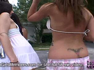 at the lively local street party, girls twerk and flash in bikinis and thongs