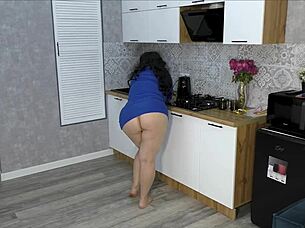 Milf wanted to cook dinner but guy took her by the ass for anal with big natural tits and blowjob.