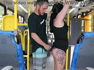 Old perv gropes and masturbates until cumming on brunette in bus