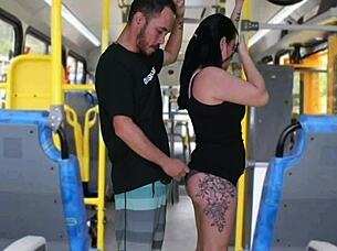 Old perv gropes and masturbates until cumming on brunette in bus