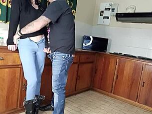 I love this quickie kitchen fuck standing sex with wet bent over shaved pussy.