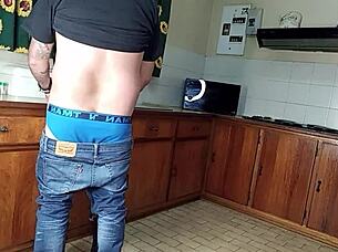 I love this quickie kitchen fuck standing sex with wet bent over shaved pussy.