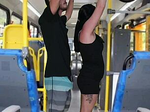 Old perv gropes and masturbates until cumming on brunette in bus