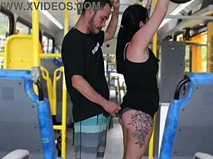 Old perv gropes and masturbates until cumming on brunette in bus