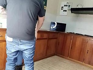 I love this quickie kitchen fuck standing sex with wet bent over shaved pussy.