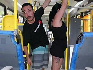 Old perv gropes and masturbates until cumming on brunette in bus