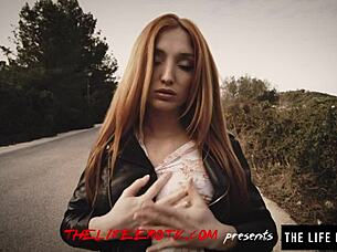 nipple clamps and ball gag drive horny redhead to intense bdsm orgasm