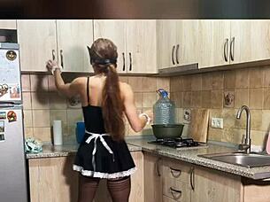 I feel so thrilled as naughty maid in stockings gets fucked hard while cooking in kitchen with intense moans