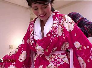 hot wife in kimono gives seductive blowjob before hardcore creampie action