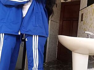 I grab my Mexican girlfriend for quick public bathroom fuck with her tight young Latina pussy on toilet