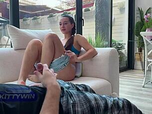 What If Your Pretty Brunette Friend Joins Your Jerk Off Session Leading to Blowjob and Cum Swallow?