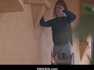 Voyeur watches Ella Nova and Nathan Bronson licking pussy in bedroom athletic encounter