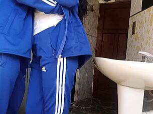 I grab my Mexican girlfriend for quick public bathroom fuck with her tight young Latina pussy on toilet