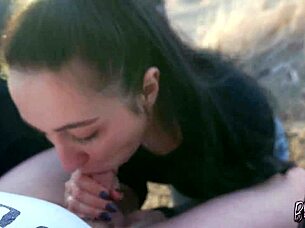 Will this ponytail girlfriend swallow cum after sucking huge cock in a car at sunset with her brown eyes sparkling?